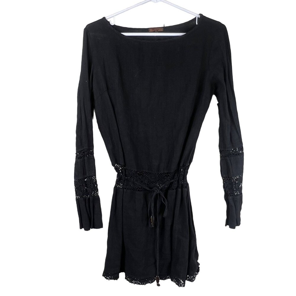 Mijo Mini Dress Size Small Crochet Lace Hem Tunic Swim Cover Long Sleeve Blue